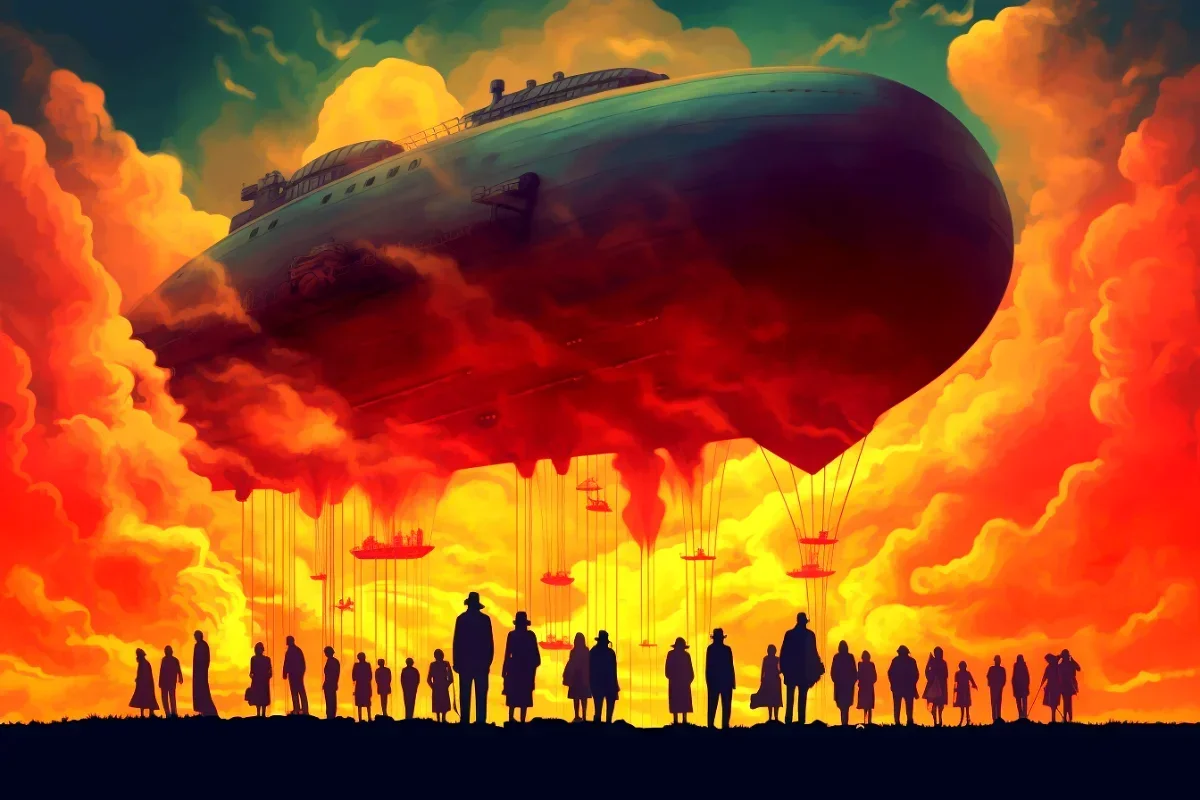 Hindenburg catches fire and explodes.