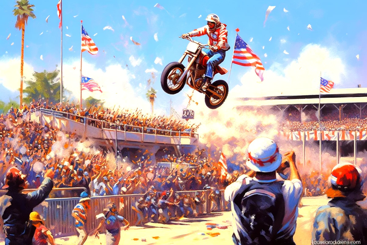 Evel knievel jumps 16 automobiles on his motorcycle.