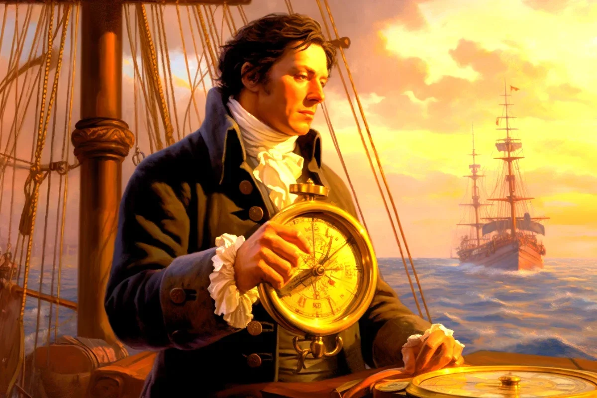 John harrison invents naval longitude clock.