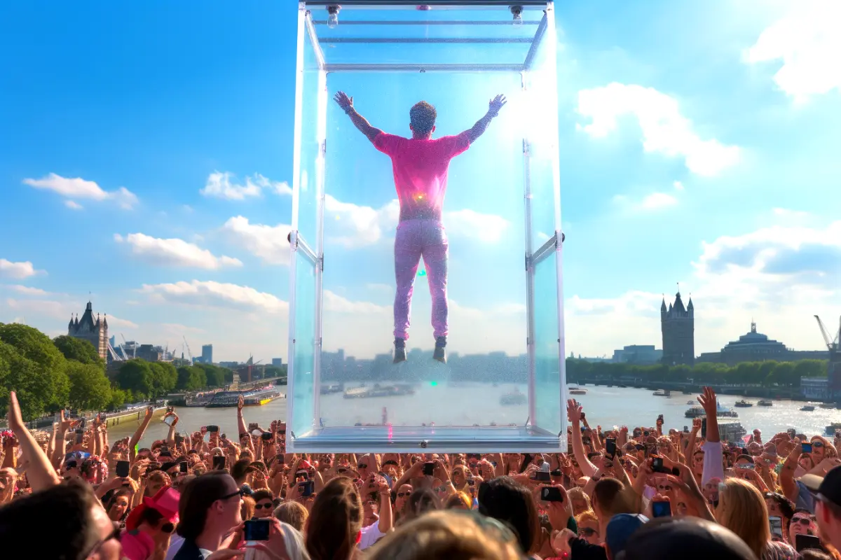 David blaine suspended in plastic box.