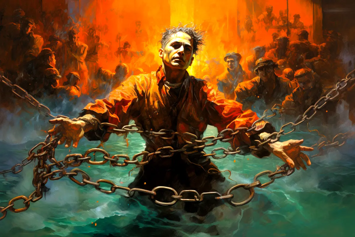 Harry houdini escapes chains underwater.