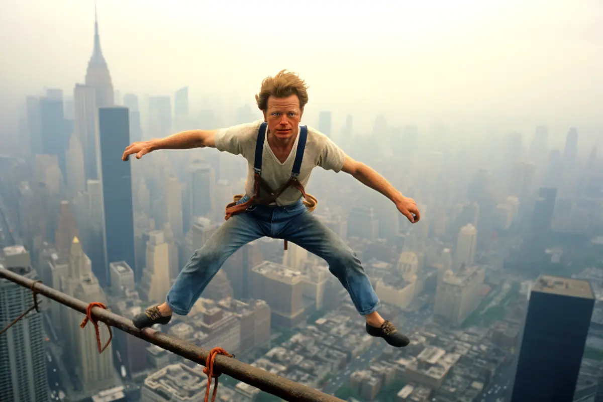 Philippe petit walks high wire between twin towers.