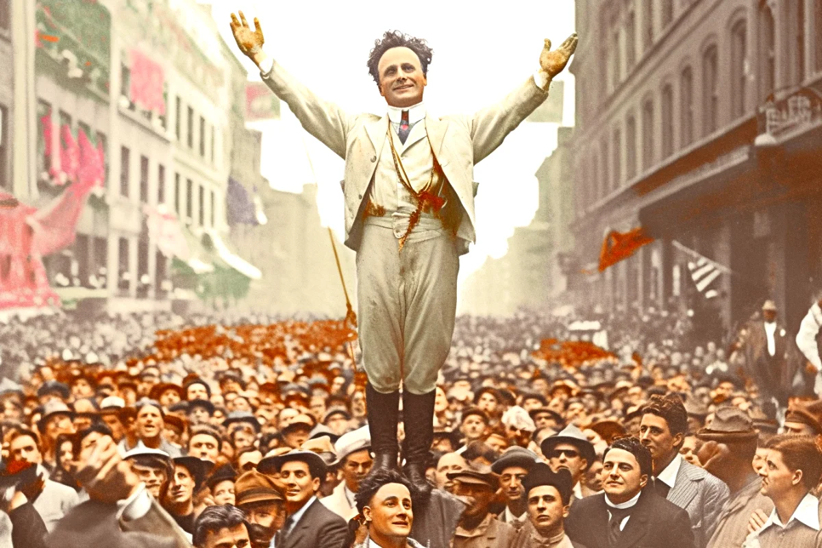 Harry houdini escapes a straight jacket.